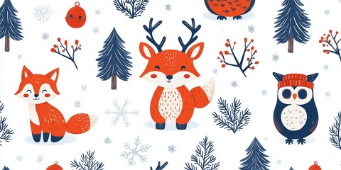A charming seamless pattern featuring adorable woodland animals in a winter theme. 