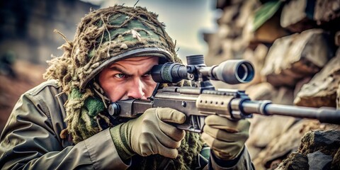 Fototapeta premium soldier sniper ghillie camouflage
