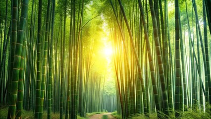 A sunlit path leading through a dense bamboo forest, creating a serene and tranquil atmosphere