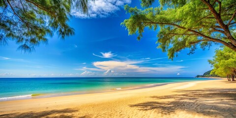 A picturesque view of a serene beach, with lush green trees framing a golden shoreline and the turquoise water stretching out to meet a clear blue sky, dotted with fluffy white clouds.