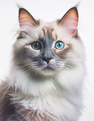 Fototapeta premium A captivating Ragdoll cat portrait, showcasing its soft, luxurious fur and enchanting blue eyes, exuding an aura of calmness and grace under gentle lighting.