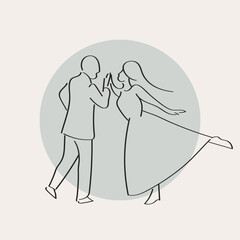 Dancing couple man and woman hand drawn line style illustration