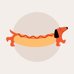 Hot dog sausage funny cute character dachshund dog illustration in doodle style
