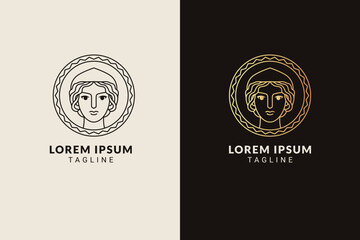 Greek goddess portrait inside coin logo concept in linear style