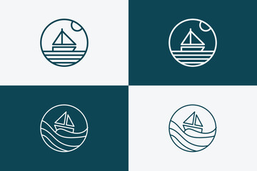 SET of 2 nautic concept logos in line art style featuring a sailboat at sea