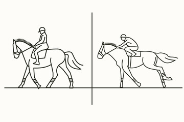 Set of 2 equestrian illustrations featuring horse and rider in minimalist linear style walking and racing
