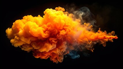 Obraz premium Abstract swirling orange and gray smoke cloud isolated on a black background