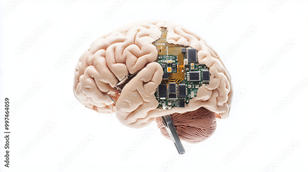 Poster bio-digital brain: a captivating image of a human brain seamlessly integrated with a microchip circu
