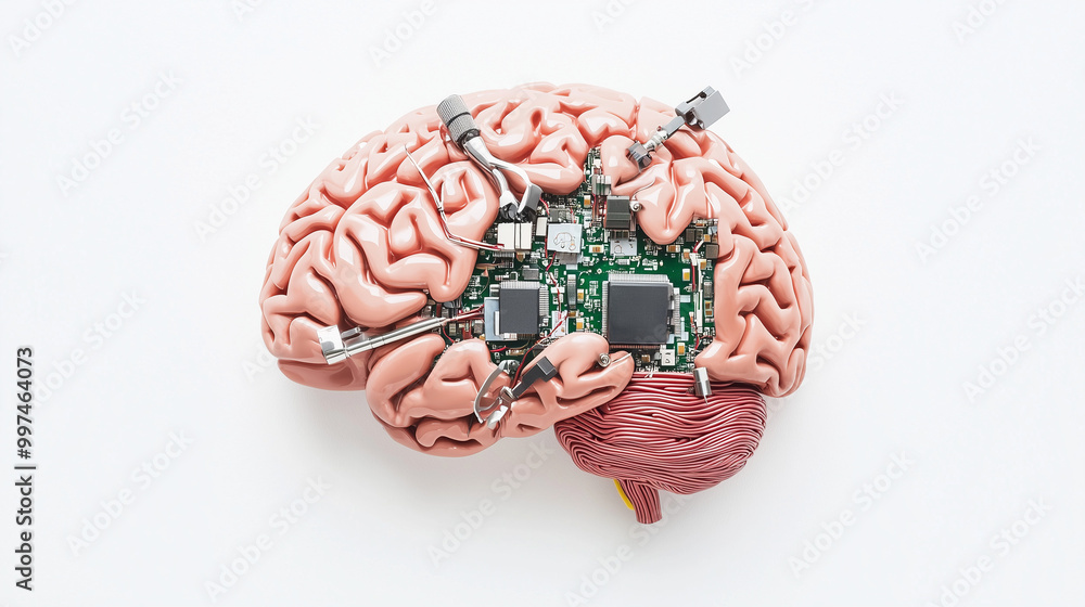 Poster bio-integrated circuitry: a model of a human brain intricately connected to a circuit board, symboli