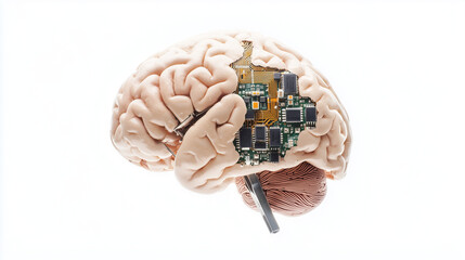Fototapeta premium Bio-Digital Brain: A captivating image of a human brain seamlessly integrated with a microchip circuit board, symbolizing the convergence of biology and technology.