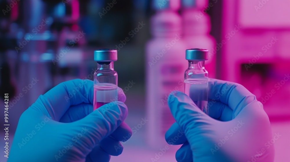 Poster A scientist in a laboratory grips two vials containing liquid, showcasing laboratory work in progress. The setting is illuminated with vivid purple and blue lights, enhancing the research atmosphere.