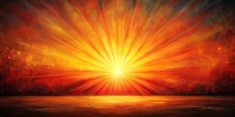 A painting depicting a vibrant orange and yellow sunrise with a dramatic sky, radiating light and warmth