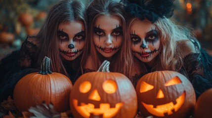 Halloween Celebrations with Witches and Pumpkins in an Autumn Forest Setting