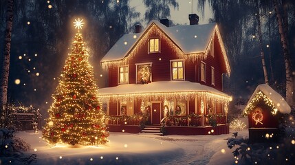 Festive Christmas house with lit tree in snowy night