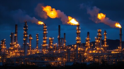 Fototapeta premium Industrial complex with flames and lights at dusk.