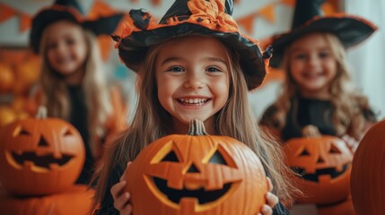 Halloween Celebrations with Witches and Pumpkins in an Autumn Forest Setting