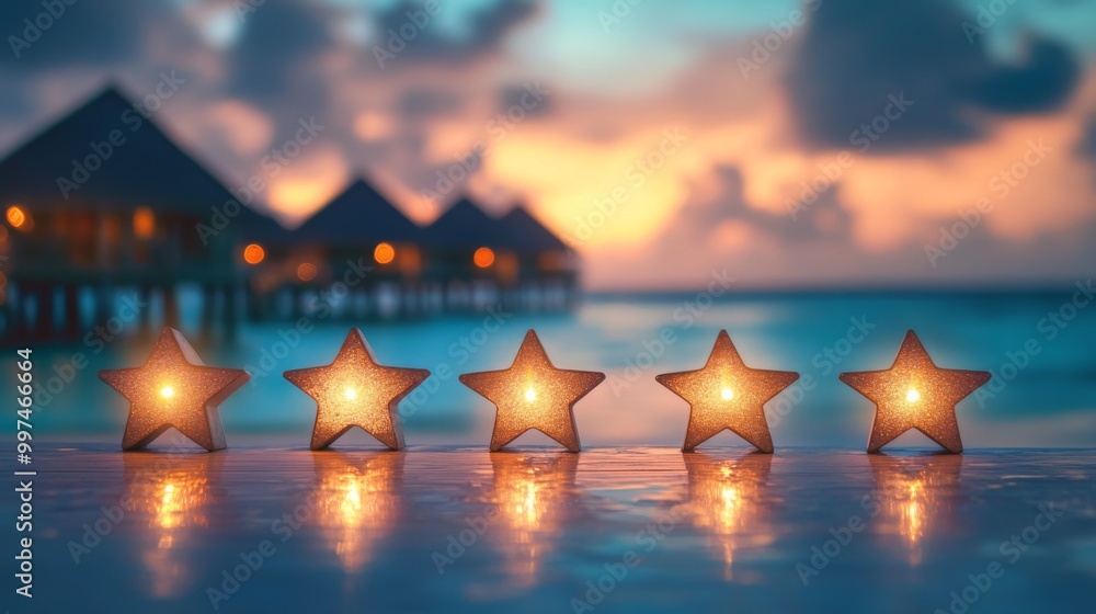 Poster five star-shaped lanterns cast a warm glow along the edge of a calm beachfront. the sun sets behind 
