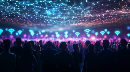 A bustling nighttime street scene with crowds and digital connection overlays, set against a city skyline.