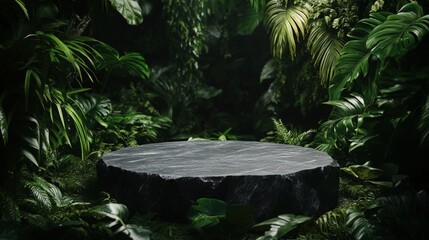 A podium in dark green, surrounded by tropical forest scenery, perfect for product display with a lush green backdrop.