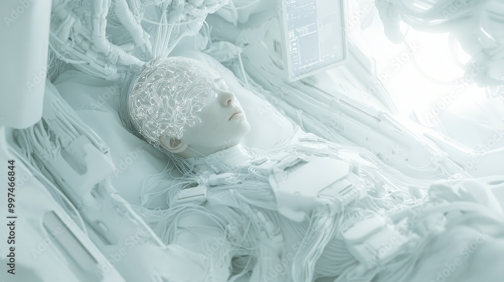 Poster exploring the intersection of technology and consciousness in a futuristic world
