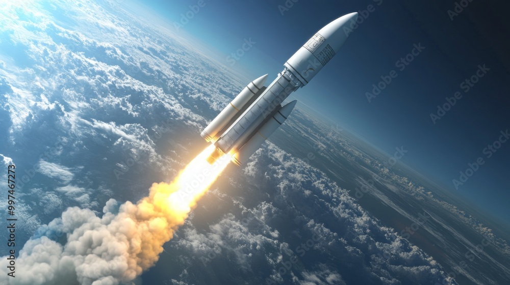 Poster a white rocket with a fiery plume is ascending through the clouds, leaving a trail of smoke. the roc