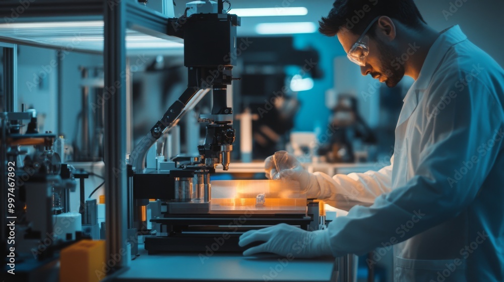 Fototapete a scientist wearing protective gear meticulously conducts experiments in a high-tech laboratory, uti