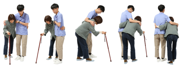 介護士の男性とおばあさん 人物切り抜き5アングル