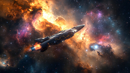 Obraz premium Spaceship approaching an unknown planet, vast cosmic landscape with swirling nebulae