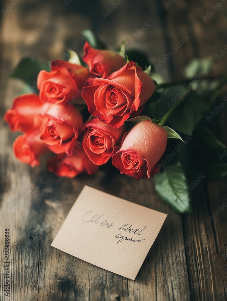 Poster Fresh roses are arranged with a handwritten note, elegantly placed on a rustic wooden table, creating a warm atmosphere. Generative AI