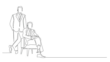 continuous line of family business.one line drawing of son inheriting parent's company.single line of business man taking photo with his father who owns the company