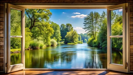 A Window Opens to a Serene River Scene With Lush Green Trees and a Blue Sky