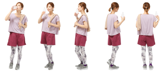 ペットボトル飲料を飲む女性　人物切り抜き5アングル