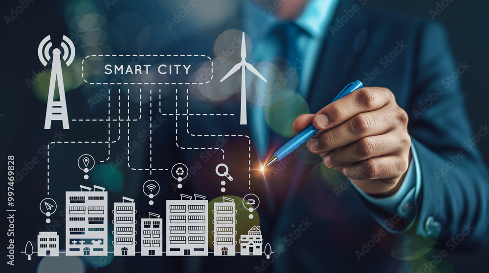Poster a businessman interacts with a futuristic interface displaying 