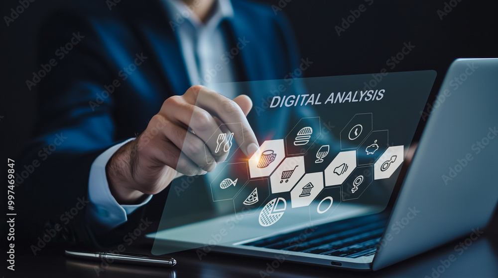 Poster a professional utilizes a laptop to manage a 