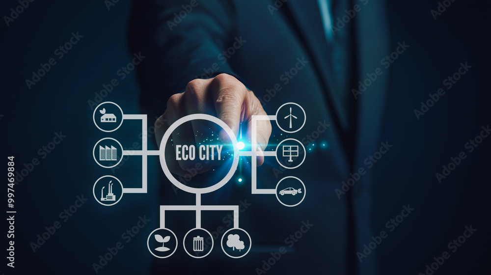 Poster a businessman interacts with a virtual interface displaying 