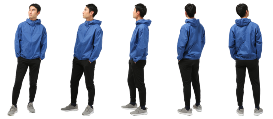 青いウィンドブレーカーの男性　人物切り抜き5アングル