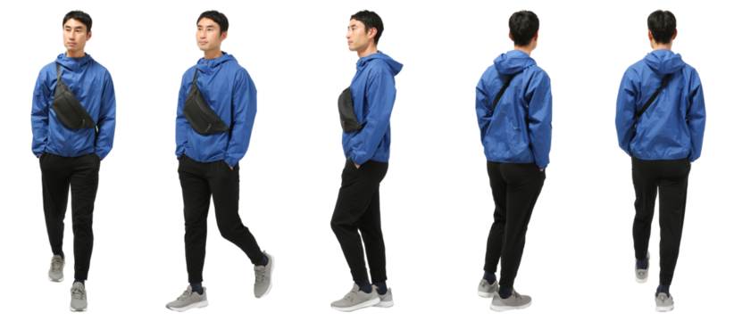 斜めがけバッグの男性　人物切り抜き5アングル