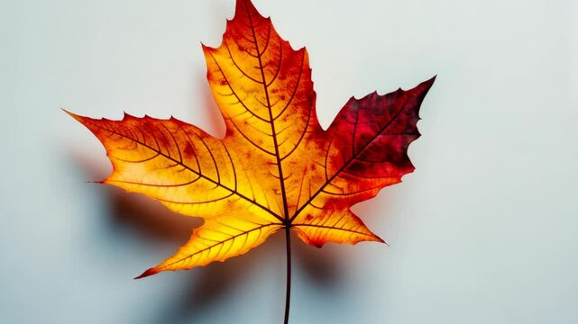 A single, bright red and orange maple leaf sits on a white background