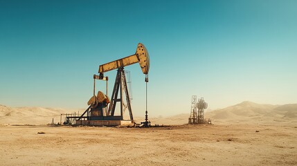 Oil pumpjacks in a barren landscape.