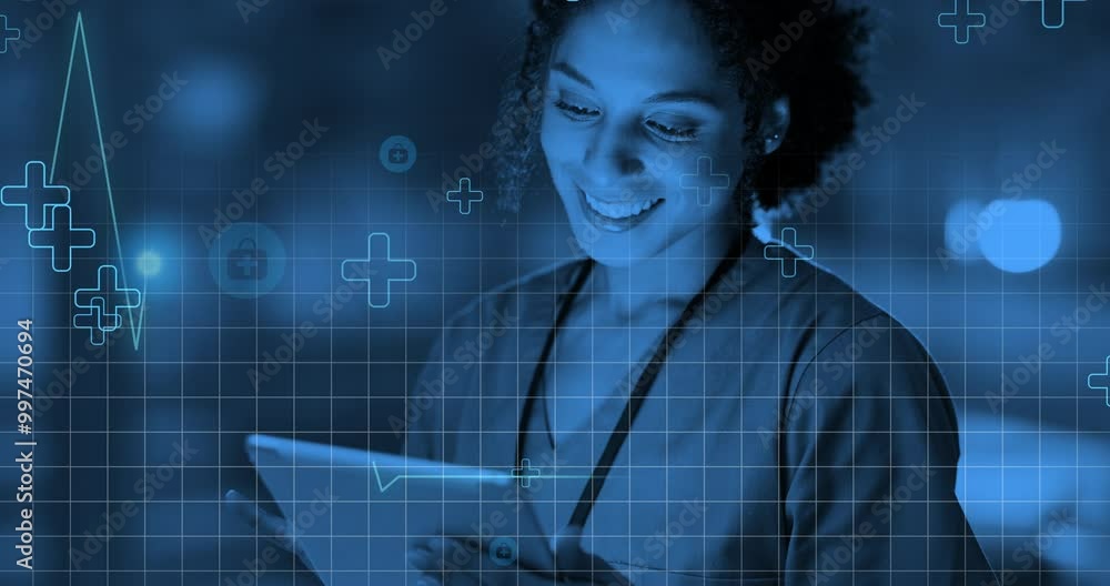 Sticker Woman, doctor and overlay with tablet in hospital for electronic health records, heart monitor result and diagnostics. Female medical worker, online and happy in clinic for career as cardiologist.