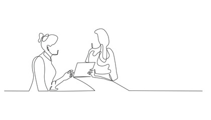 continuous line drawing of customer service giving information information to customers .one line drawing of receptionist giving information to guests in hotel lobby .single line vector illustration