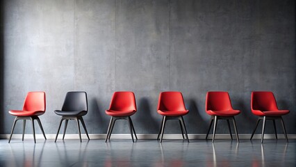 A single black chair stands out among a row of five red chairs against a minimalist concrete wall.