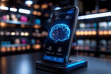 Futuristic customer data collection app, with advanced AI that predicts preferences based on past purchases and suggests products in real-time