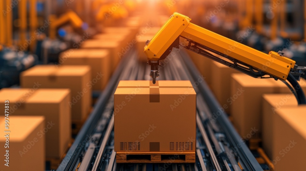 Poster automated factory production line with robotic arm and cardboard boxes