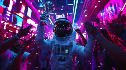 An astronaut stands amidst a lively crowd, holding a trophy high above his head in celebration. The...