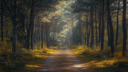 Fototapeta premium Serene forest path illuminated by soft sunlight.