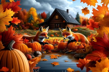 Generate a tranquil fall illustration with a pair of foxes playing near a pumpkin patch, surrounded by vibrant autumn foliage and a cozy log cabin in the background.
