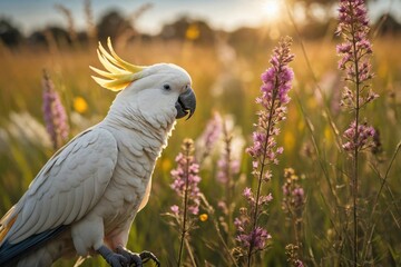 Obraz premium Cockatoo Interacting with Wildflowers in an Open Meadow