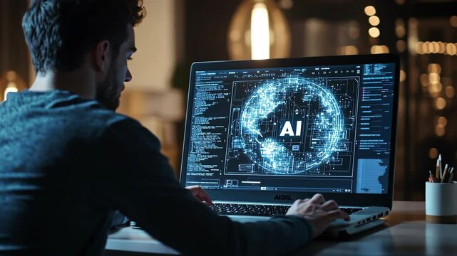 A man works on a laptop, focusing on a glowing blue AI logo on the screen