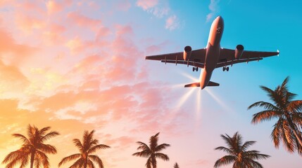 Airplane Flying Over Palm Trees at Sunset   Travel and Vacation Concept